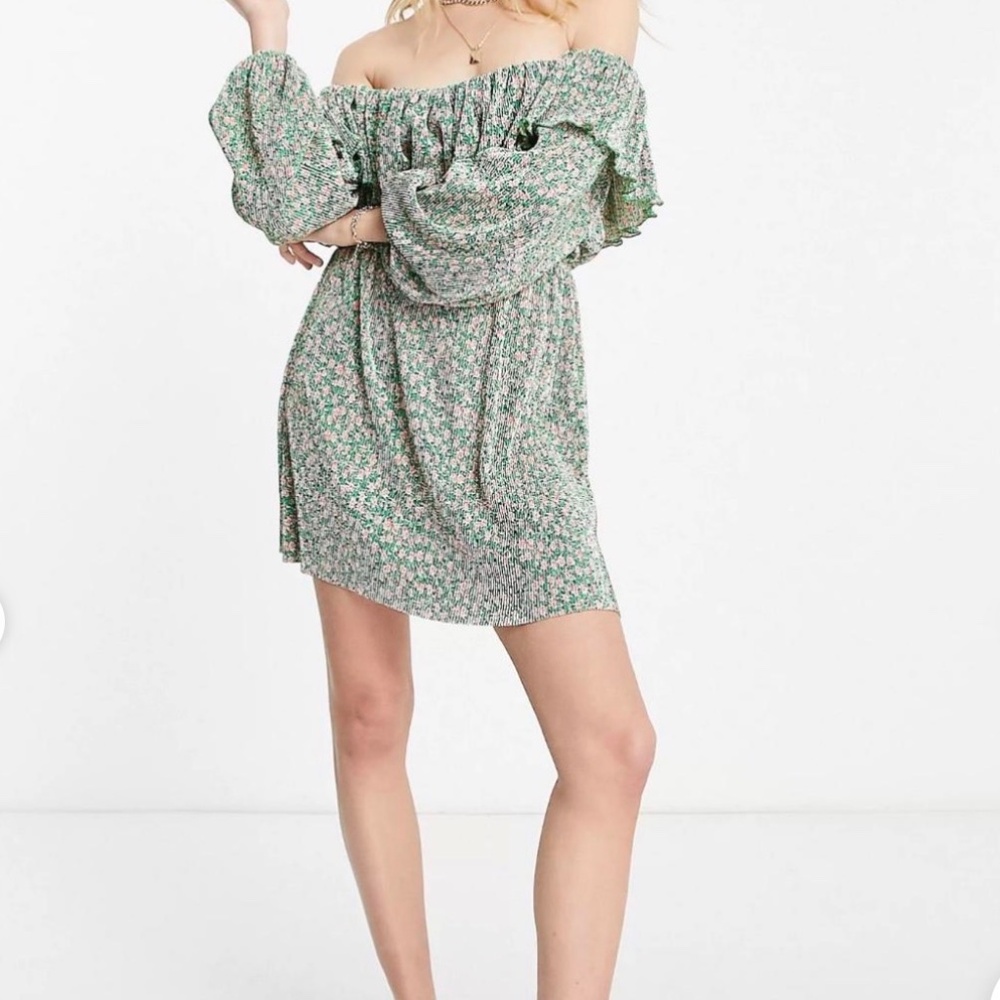 ASOS Floral Smocked Mini Dress Size 14 Green Pink Ruffle Boho Cottagecore floral